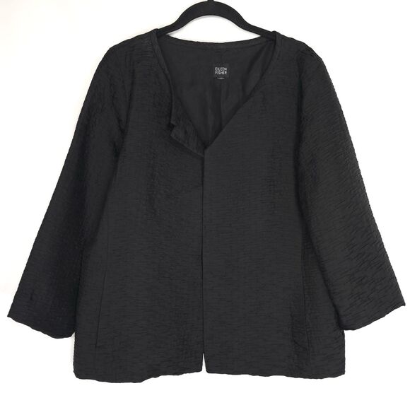 EILEEN FISHER Small 100% SILK Jacket Black Magnetic Closure Crinkle Texture 36VH
